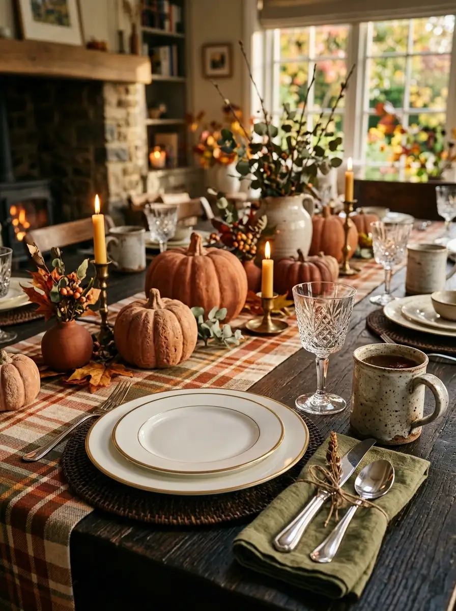 The 16 Small Decisions That Make Fall Table Décor Actually Worth Noticing 15 Fine china and silver cutlery mixed with terracotta pumpkins and plaid runner for elevated fall dining table decor