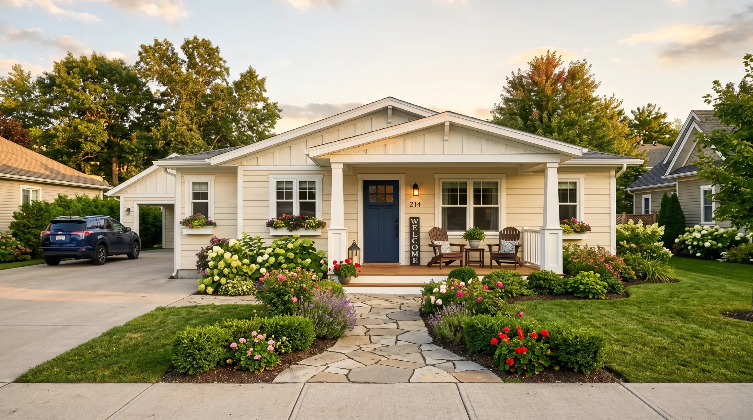 Renovated mobile home exterior ideas with cream siding, navy front door, white columns, and lush landscaping for real house curb appeal
