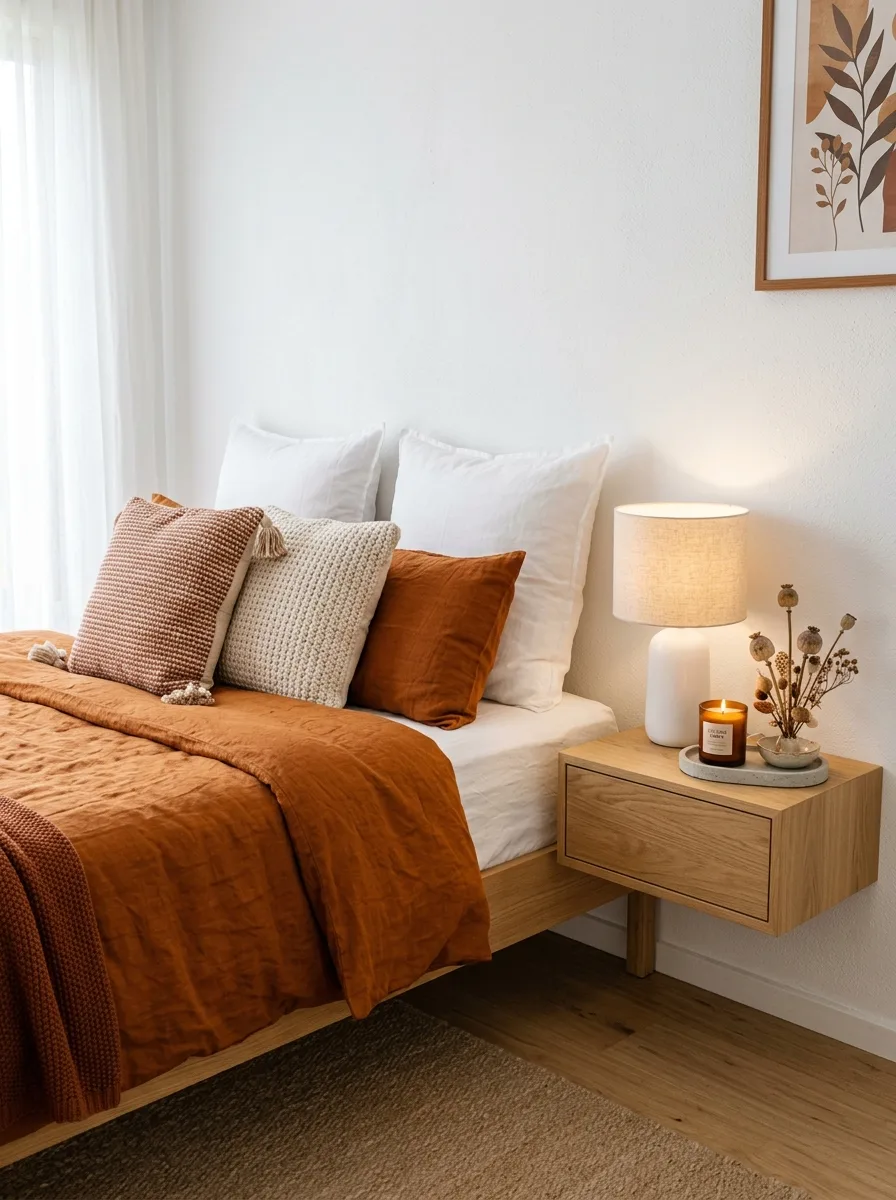 Modern fall bedroom decor with bold rust linen duvet, white euro shams, dried seed pods on light wood nightstand, and white ceramic lamp