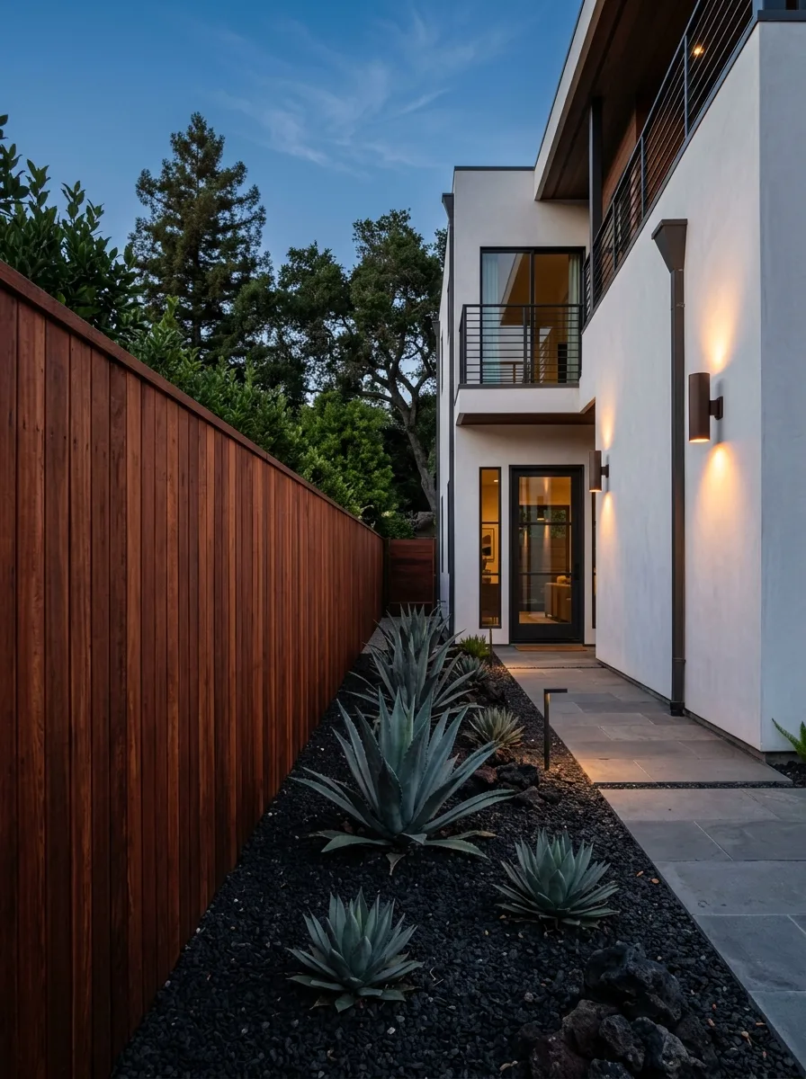 19 Smart Fence Wood Choice Ideas Comparing Cedar, Redwood, Pine, and Ipe for Beauty, Durability, and Long-Term Value 4 Tall modern redwood fence with vertical boards beside white stucco wall, black gravel, and sculptural agave plants