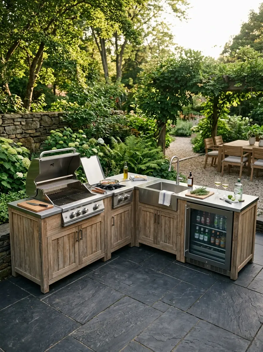 Modular outdoor kitchen with four weathered teak units in L-shape, stainless steel tops, built-in grill, side burner, bar fridge on dark slate patio
