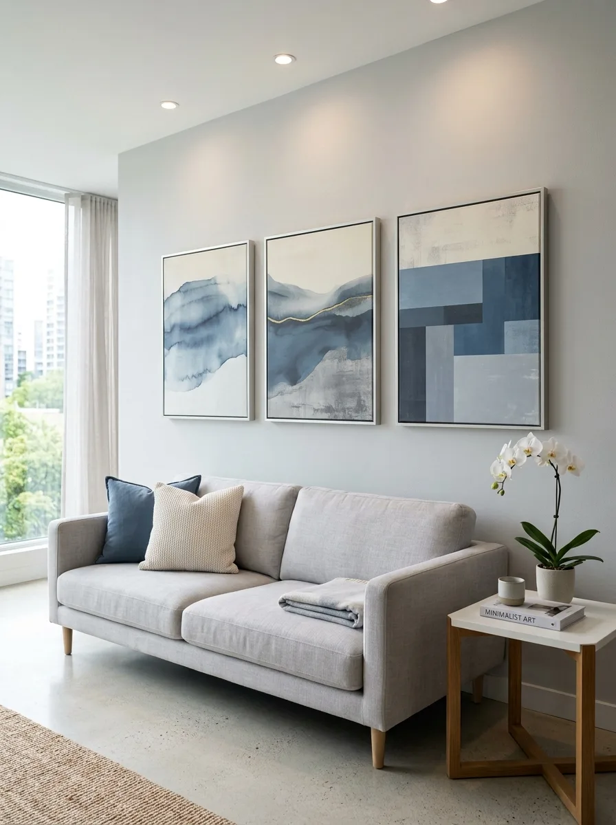 Three dusty blue abstract canvases in silver frames hung horizontally as minimalist living room artwork above a pale gray sofa