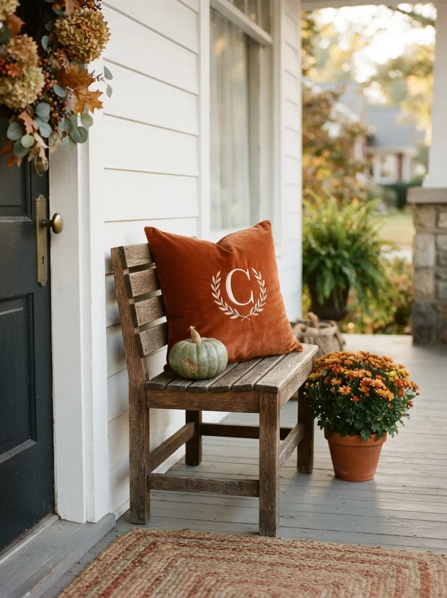Burnt orange velvet monogram pillow on a small porch bench with a mini sage pumpkin as a cozy fall front porch detail