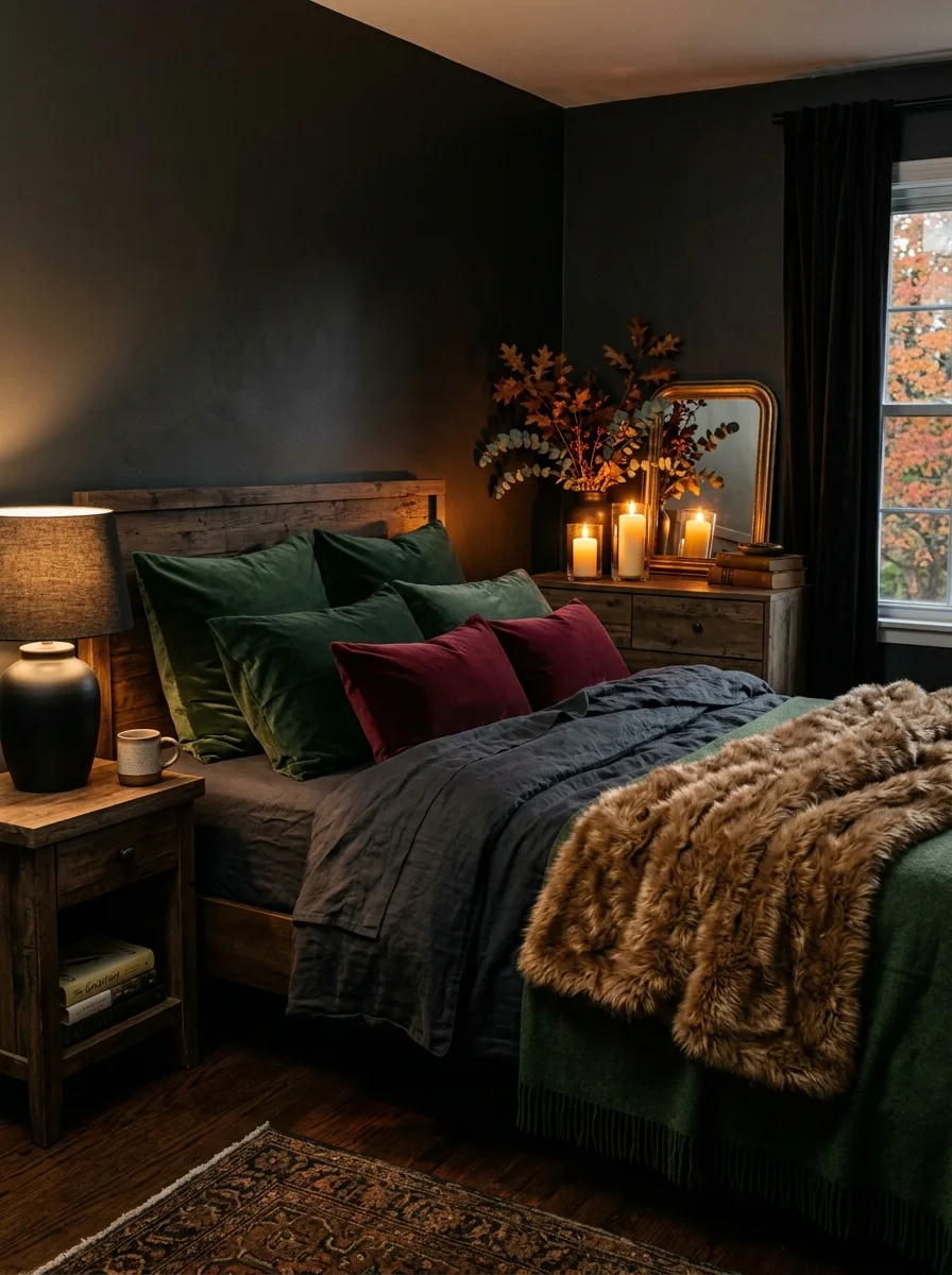 Moody fall bedroom look featuring charcoal linen bedding, burgundy and forest green velvet pillows, faux fur throw, and amber pillar candles