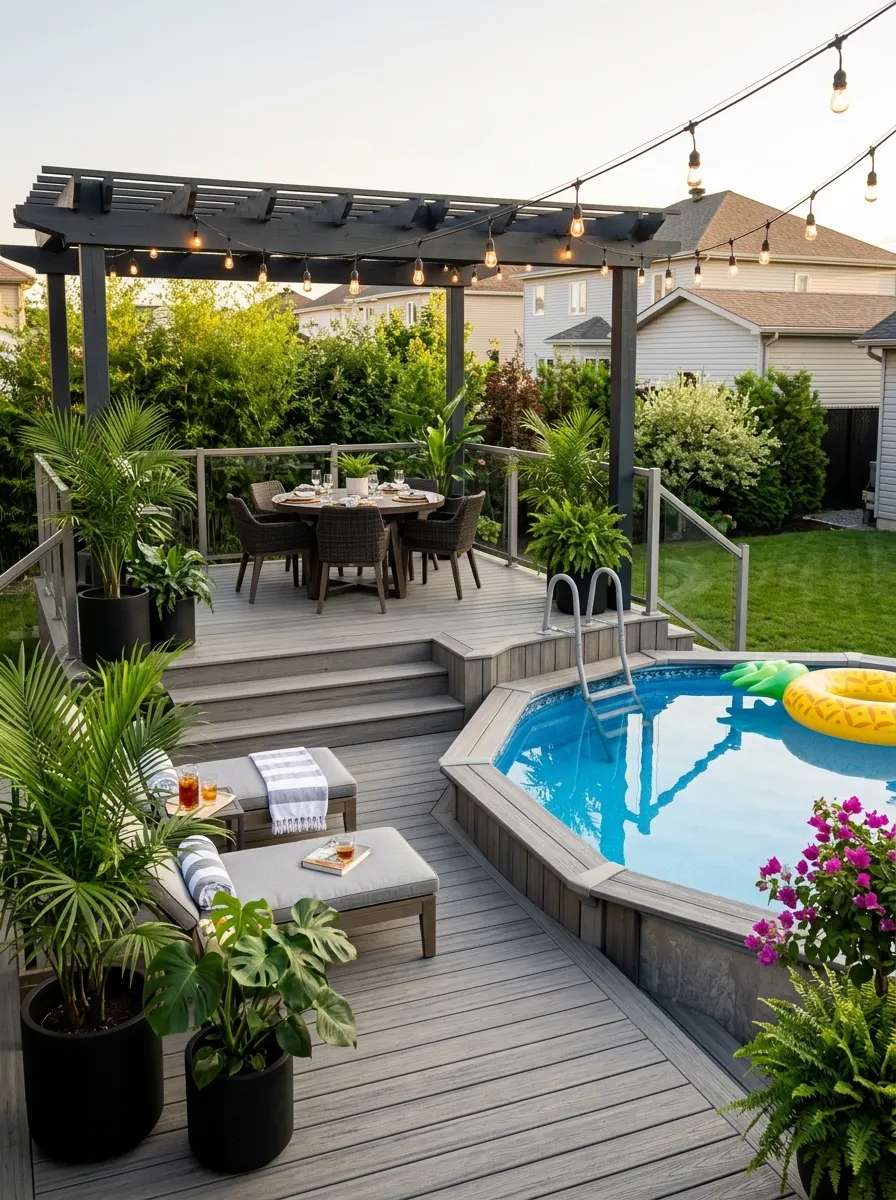 21 Amazing Above Ground Pool Deck Ideas That Go Beyond the Basic Deck With Style, Comfort, and Function 2 Two-level gray composite above ground pool deck with dining area, pergola, lounge chairs, and tropical potted plants