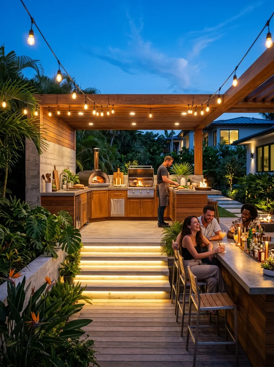 Multi-level outdoor kitchen with raised cooking station, lower bar seating three steps below, teak and concrete materials, step riser lighting, string lights at blue hour