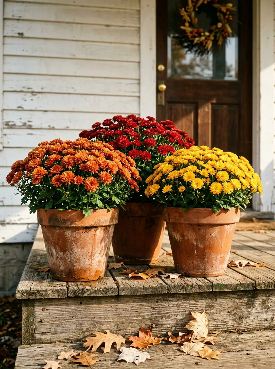 Three terracotta pots with orange, red, and golden mums grouped together for an autumn porch styling display