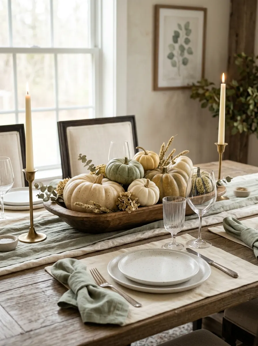 The 16 Small Decisions That Make Fall Table Décor Actually Worth Noticing 5 Muted fall table décor palette with cream heirloom pumpkins, sage accents, and brass candlesticks on a neutral linen table