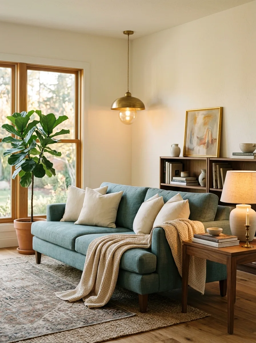 Muted teal sofa with brass lighting and walnut furniture showing room color and mood through layered depth and relaxed luxury styling