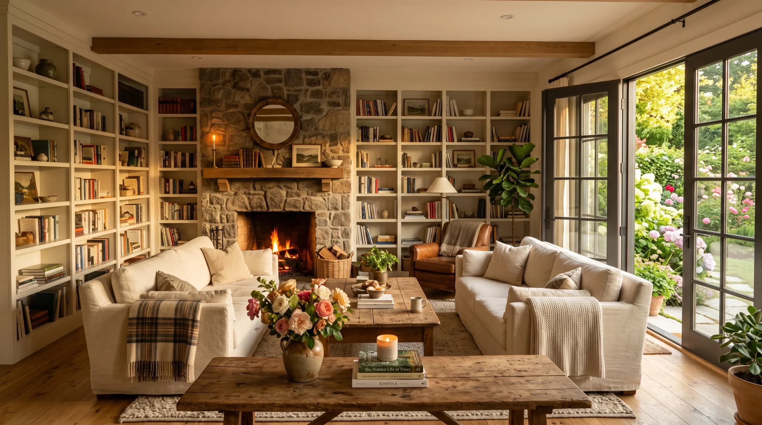 The Nancy Meyers Home Aesthetic Behind That Cinematic Feeling — 18 Secrets Revealed 25 Nancy Meyers home aesthetic living room with linen sofas, built-in bookshelves, and warm golden afternoon light