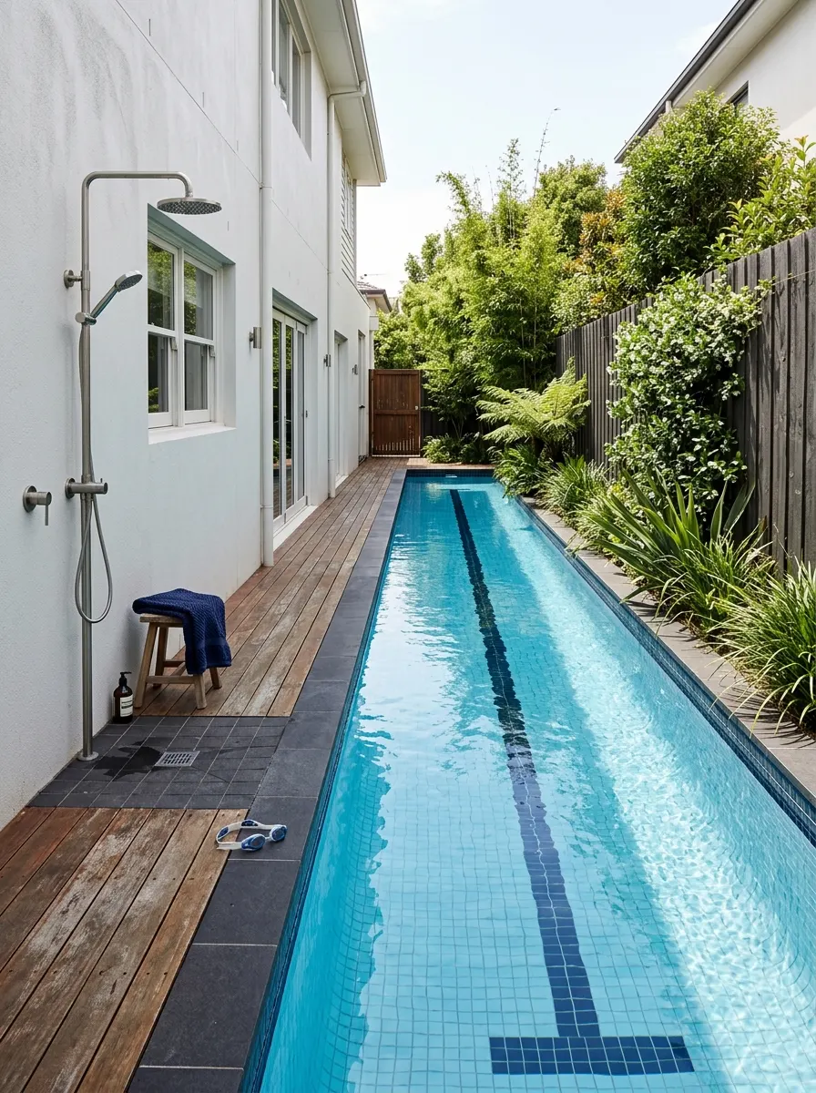 19 Brilliant Small Pool Design Ideas That Make Compact Backyards Feel Like a Private Luxury Resort 6 Narrow lap pool small pool design running full length of a side yard with dark navy tiles, rendered wall, and compact outdoor shower