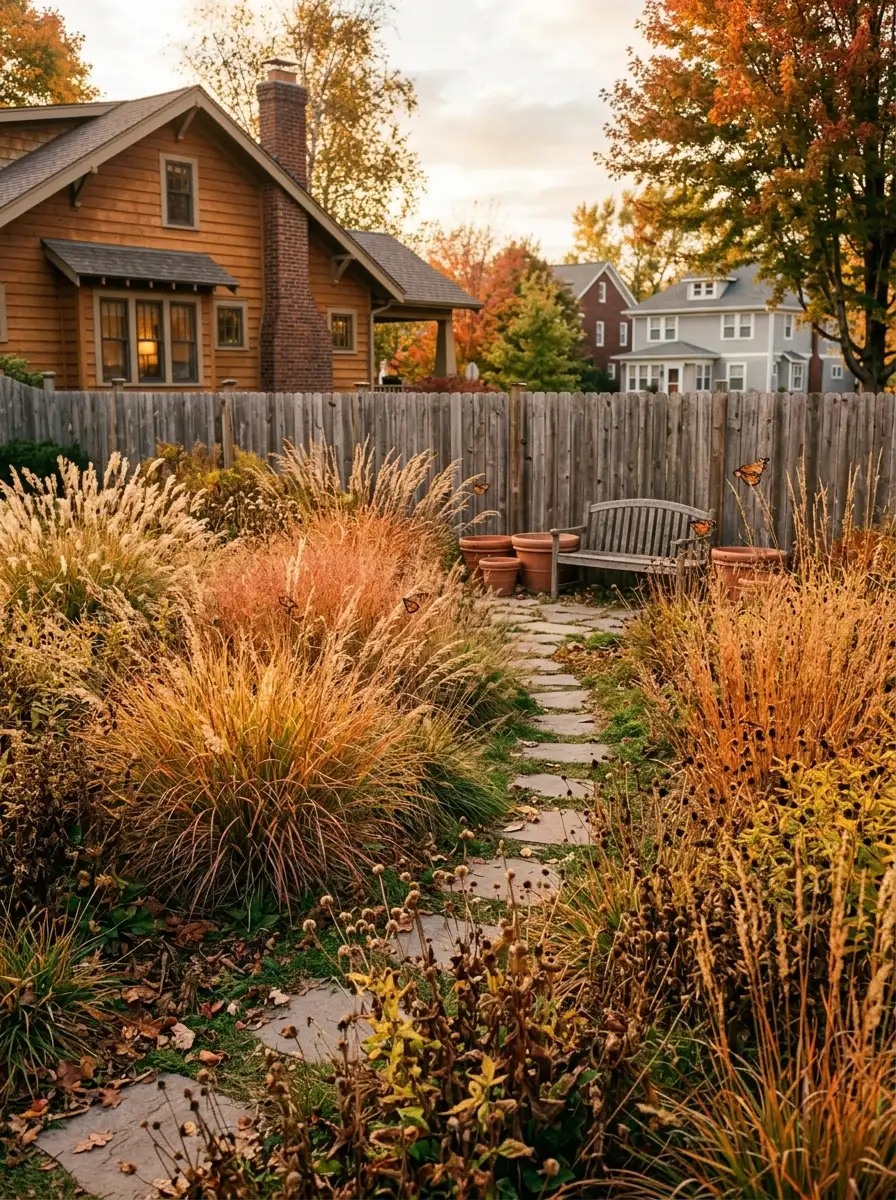 23 Stunning Ways Ornamental Grasses Can Transform Your Landscape With Texture, Movement, Privacy, and Year-Round Style 22 Masses of little bluestem and switchgrass in orange, red, and gold fall colors in a sustainable native backyard meadow with butterflies