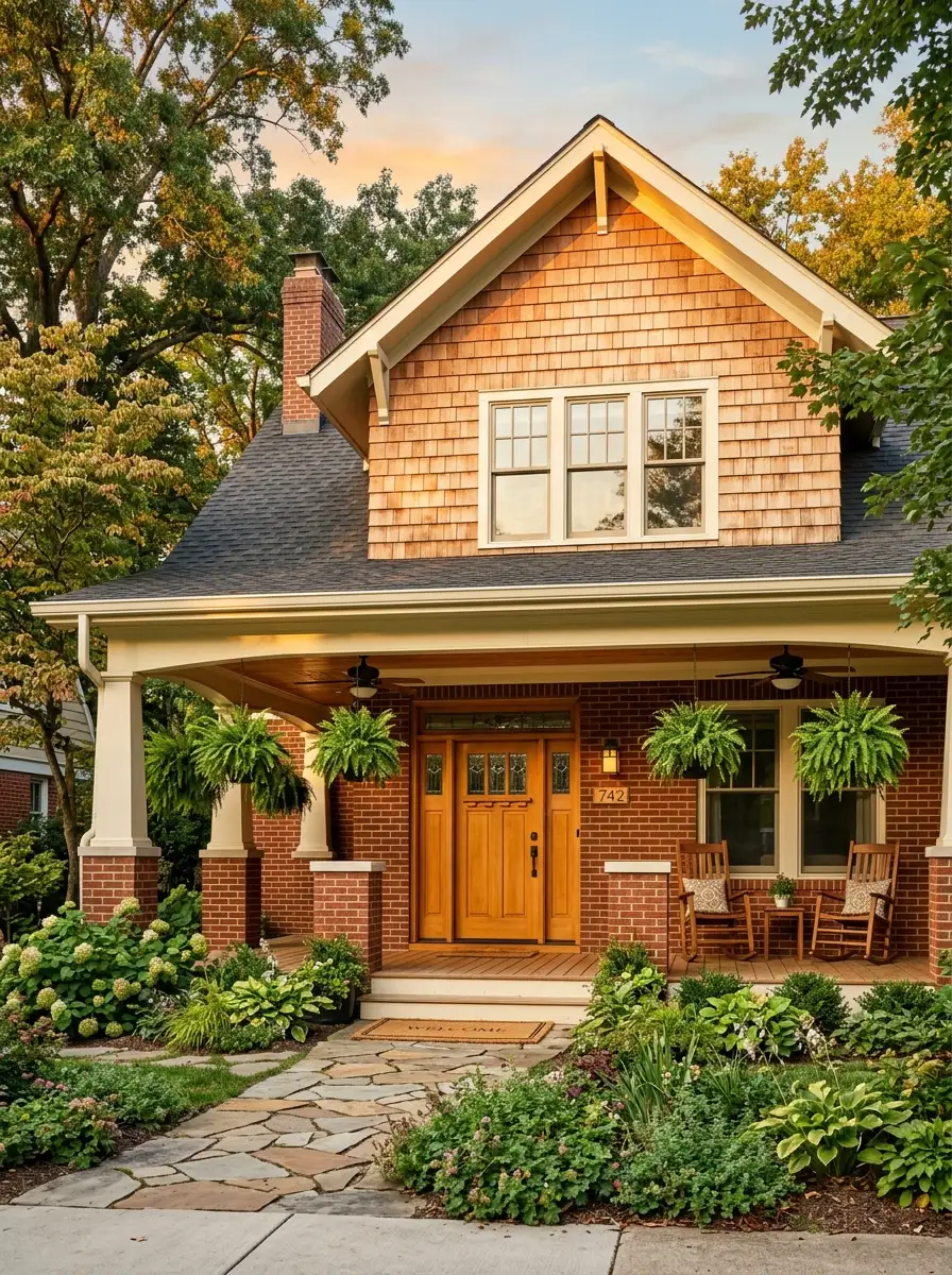 Red brick craftsman bungalow with natural cedar shake upper siding, cream trim, wood stain front door, and covered porch for warm organic curb appeal