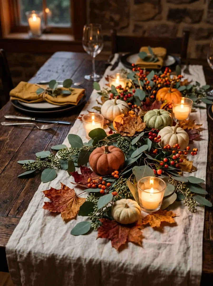 The 16 Small Decisions That Make Fall Table Décor Actually Worth Noticing 9 Eucalyptus, dried maple leaves, and berry stems scattered across a linen runner for natural autumn table decorations