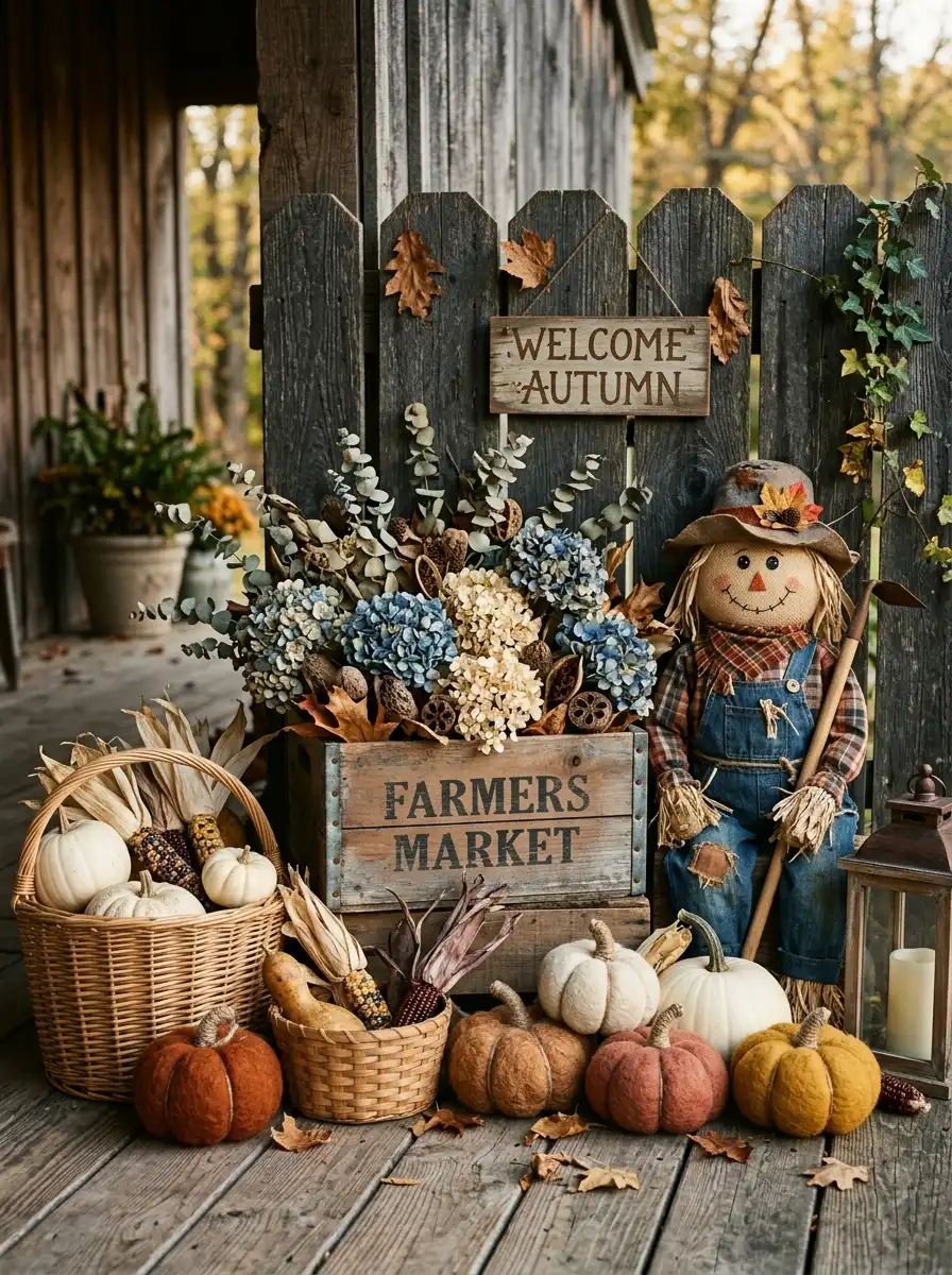 Why Fall Décor Hits Different: 17 Principles You Never Knew You Needed 7 Rustic porch autumn décor with dried hydrangeas, burlap scarecrow, wicker baskets, and white pumpkins using natural materials for fall styling