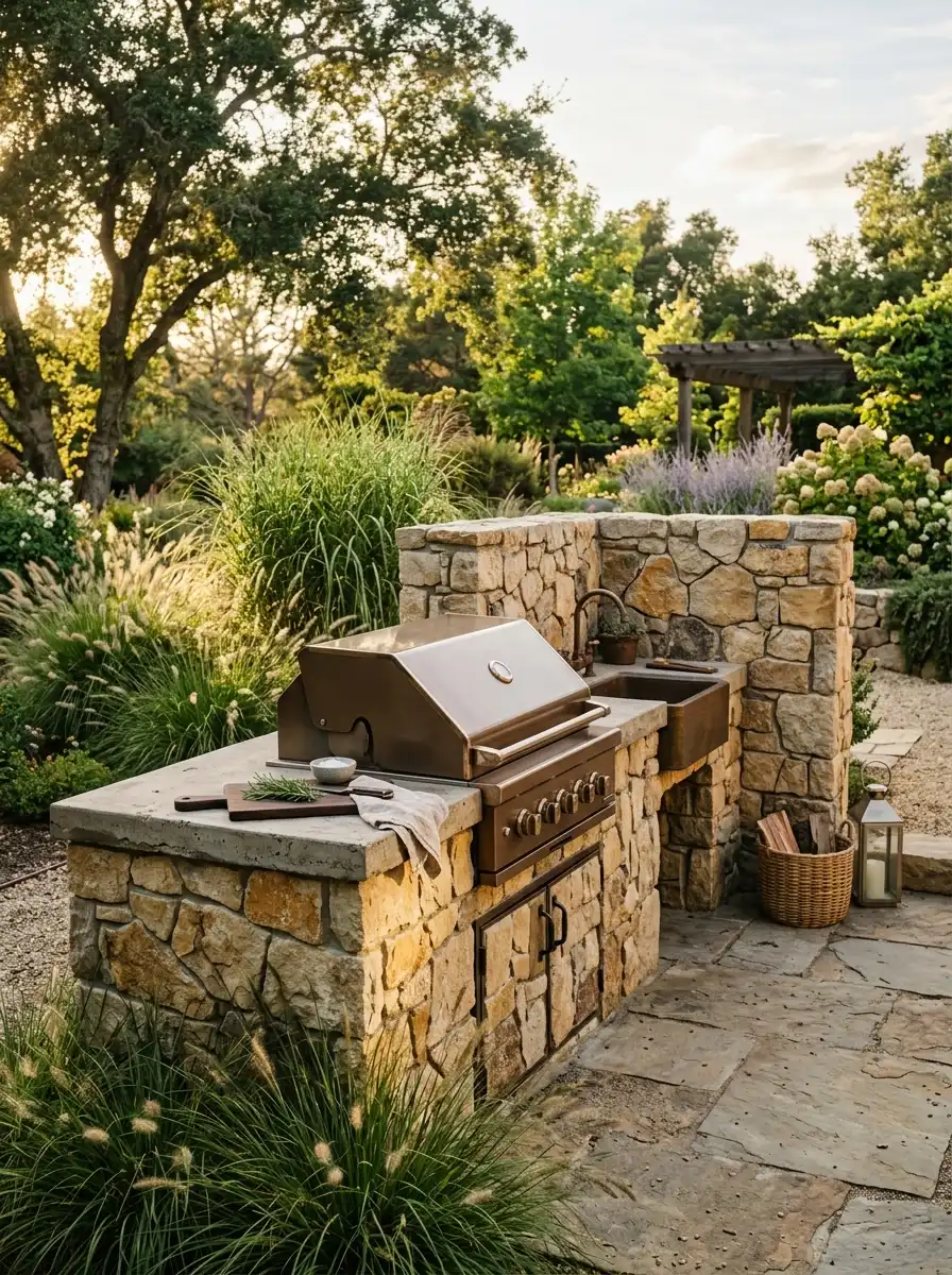 Natural fieldstone outdoor kitchen with honey and gray tones, bronze built-in grill, rustic concrete countertop, ornamental grasses, warm raking afternoon light