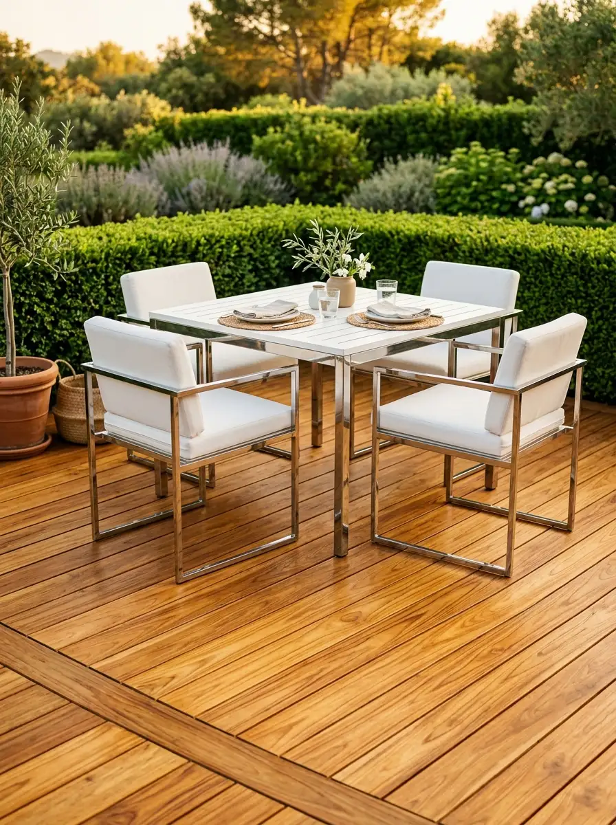 Teak deck finished with natural teak oil revealing golden honey grain tones for premium wood deck stain ideas