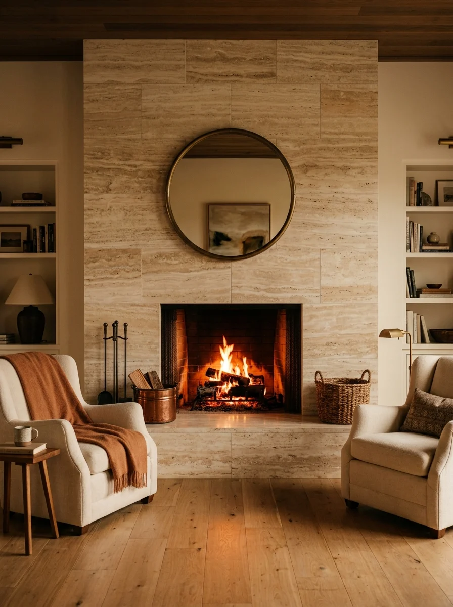 20 Fireplace Design Ideas Built Around the Three Pillars of Color, Space, and Flame 4 Natural stone fireplace design ideas featuring stacked travertine surround with warm beige and caramel tones in an elegant living room