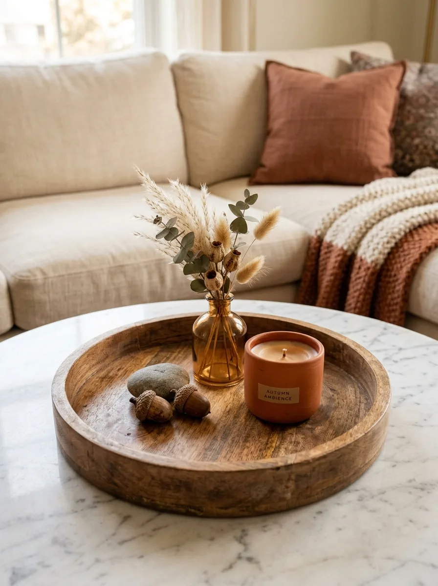 Natural wood tray with terracotta candle, dried florals, and acorns styled on a marble coffee table for fall living room