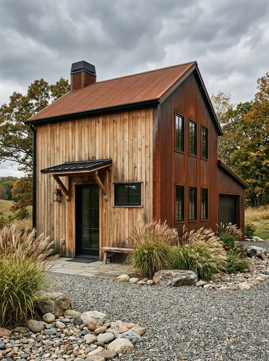 19 Stunning Small Barndominium Exterior Ideas That Prove Simple Barn House Designs Can Make a Big Impact 17 Small barndominium exterior with natural teak wood cladding and weathering Corten steel gable panels, black door, and river stone gravel landscaping