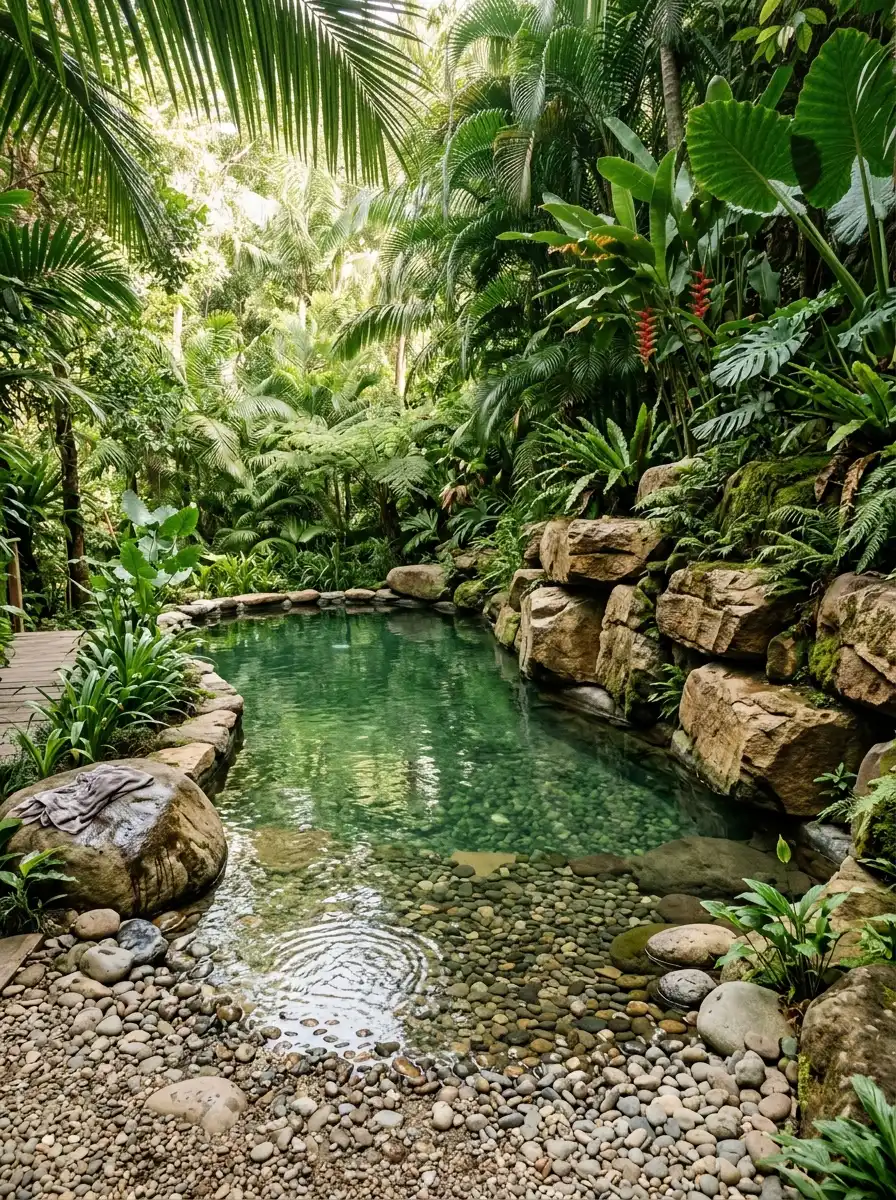 19 Brilliant Small Pool Design Ideas That Make Compact Backyards Feel Like a Private Luxury Resort 19 Naturalistic small pool design with sandstone boulders, sloping pebble beach entry, tropical planting, and dappled light through overhanging palms