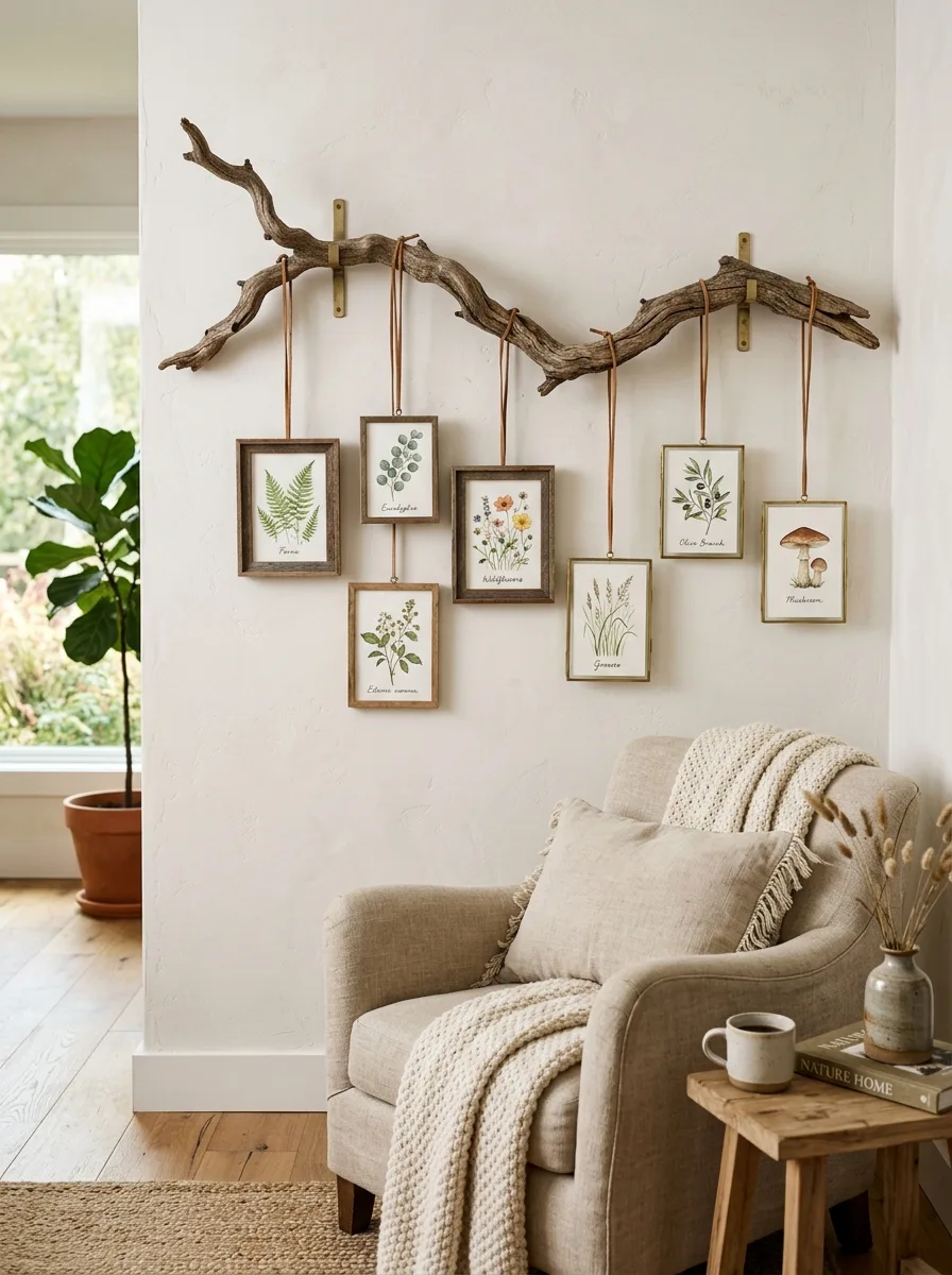 Dried branch mounted on wall with watercolor botanical prints hung by leather cord as organic living room artwork in a linen corner