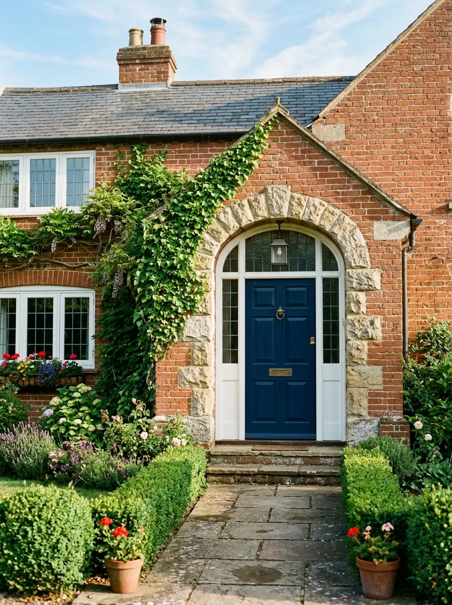 Red brick house with navy blue front door, white trim, and natural stone entryway accents creating charming cottage-style curb appeal