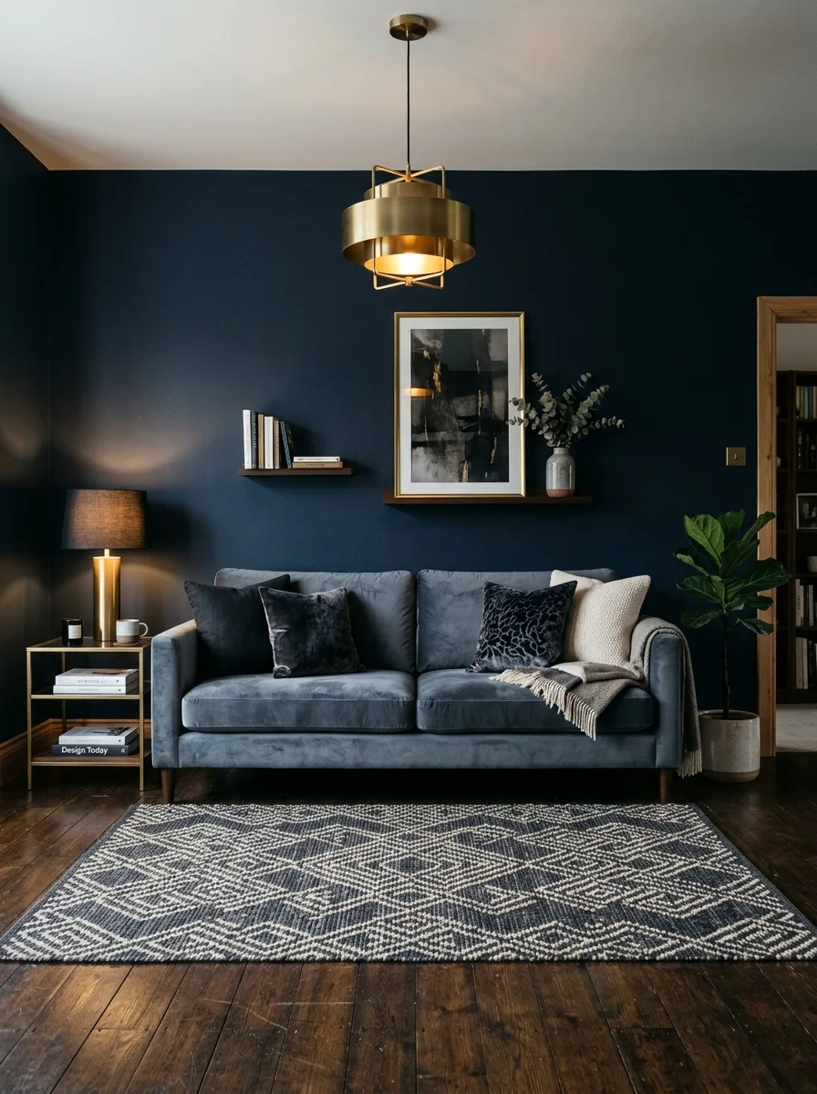 Navy accent wall with slate gray sofa and brushed brass lighting in a bold luxury living room colors scheme