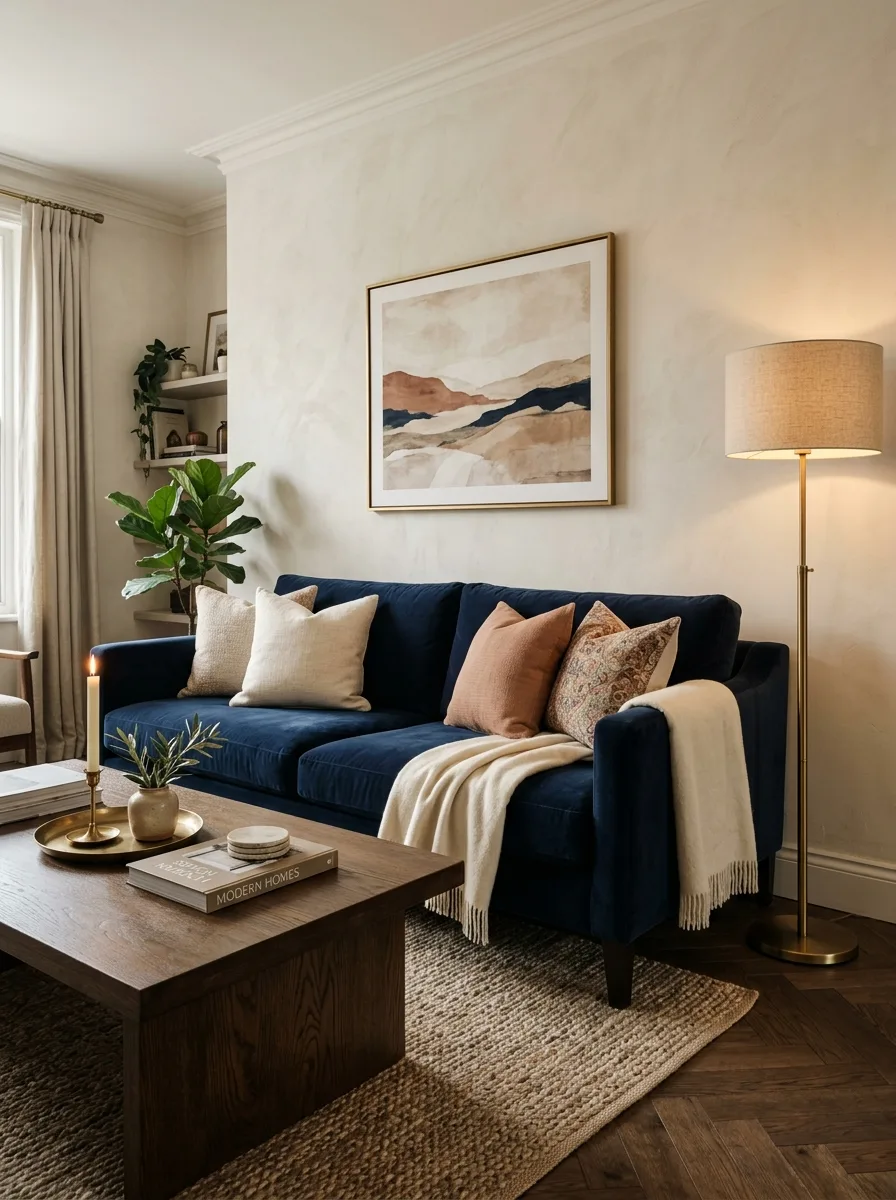 Deep navy velvet sofa with brass lamp in a warm living room showing room color and mood principles through bold, anchored design