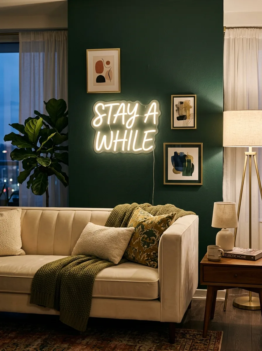 Warm white neon sign on a forest green wall panel with small brass framed prints as eclectic wall art ideas for living rooms