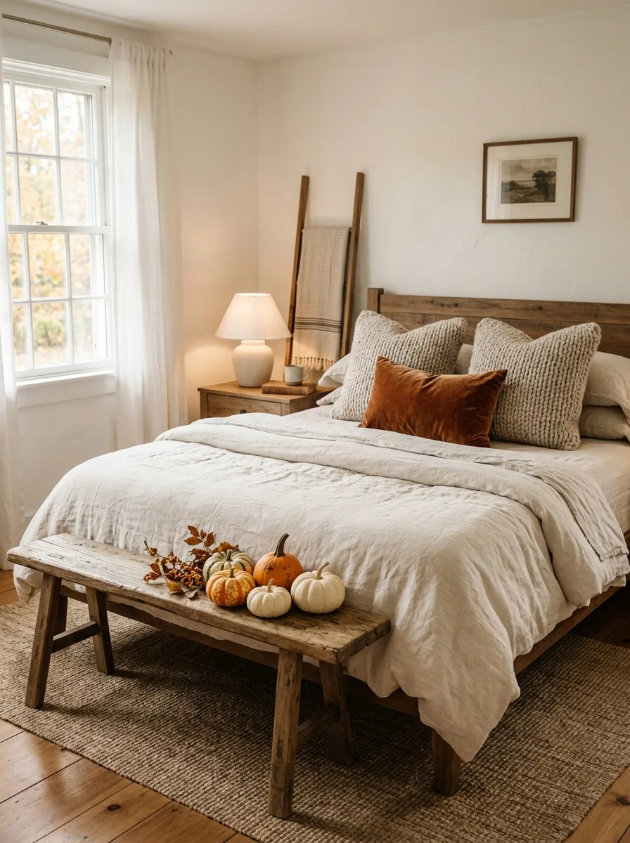 Neutral fall bedroom decor with cream linen bedding, knit pillows, and mini pumpkin cluster on a wood bench