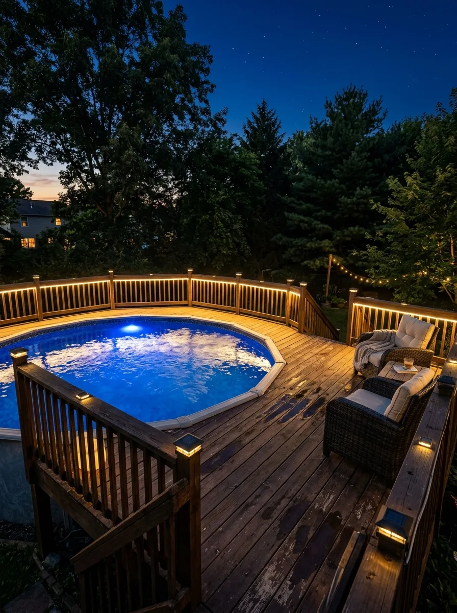 21 Amazing Above Ground Pool Deck Ideas That Go Beyond the Basic Deck With Style, Comfort, and Function 19 Above ground pool deck at night with warm LED railing lights, solar path lights, blue underwater pool glow, and dark wicker chairs at evening