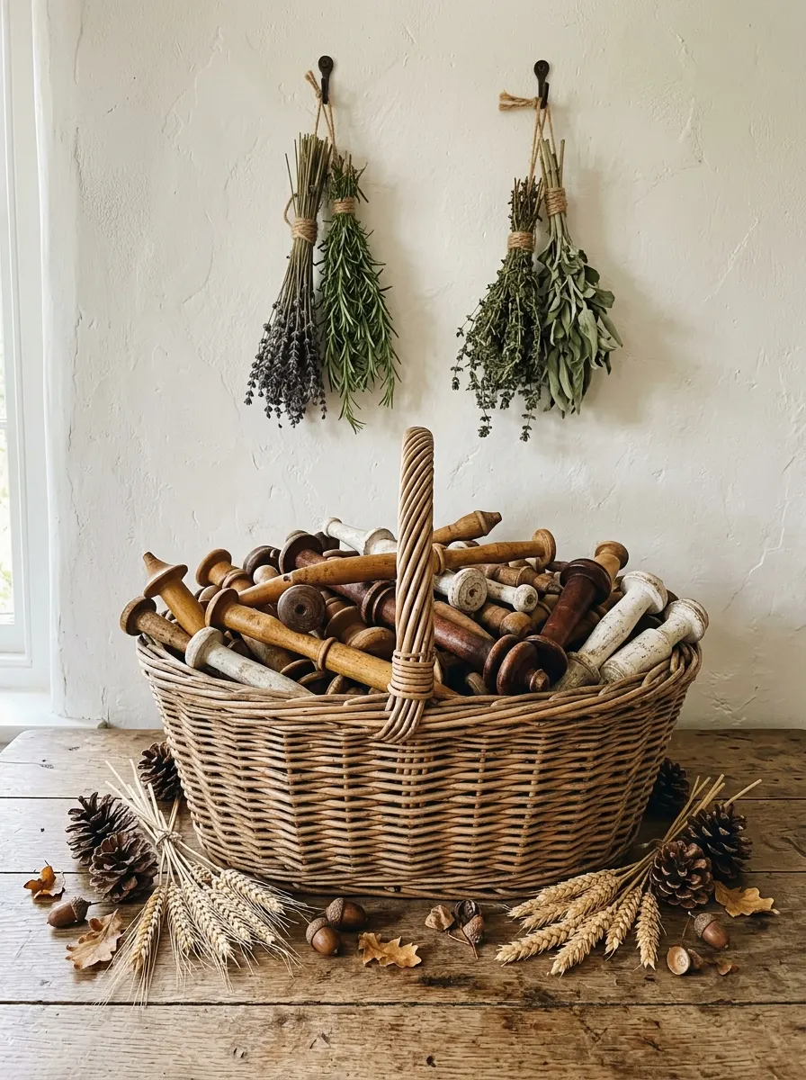 Why Fall Décor Hits Different: 17 Principles You Never Knew You Needed 13 Wicker basket of vintage wooden spindles used as seasonal home décor with pine cones and dried herbs in unconventional autumn display