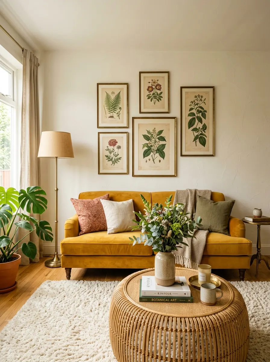 Ochre yellow velvet sofa with ivory walls and aged brass lamp in a vibrant and warm luxury living room color palette