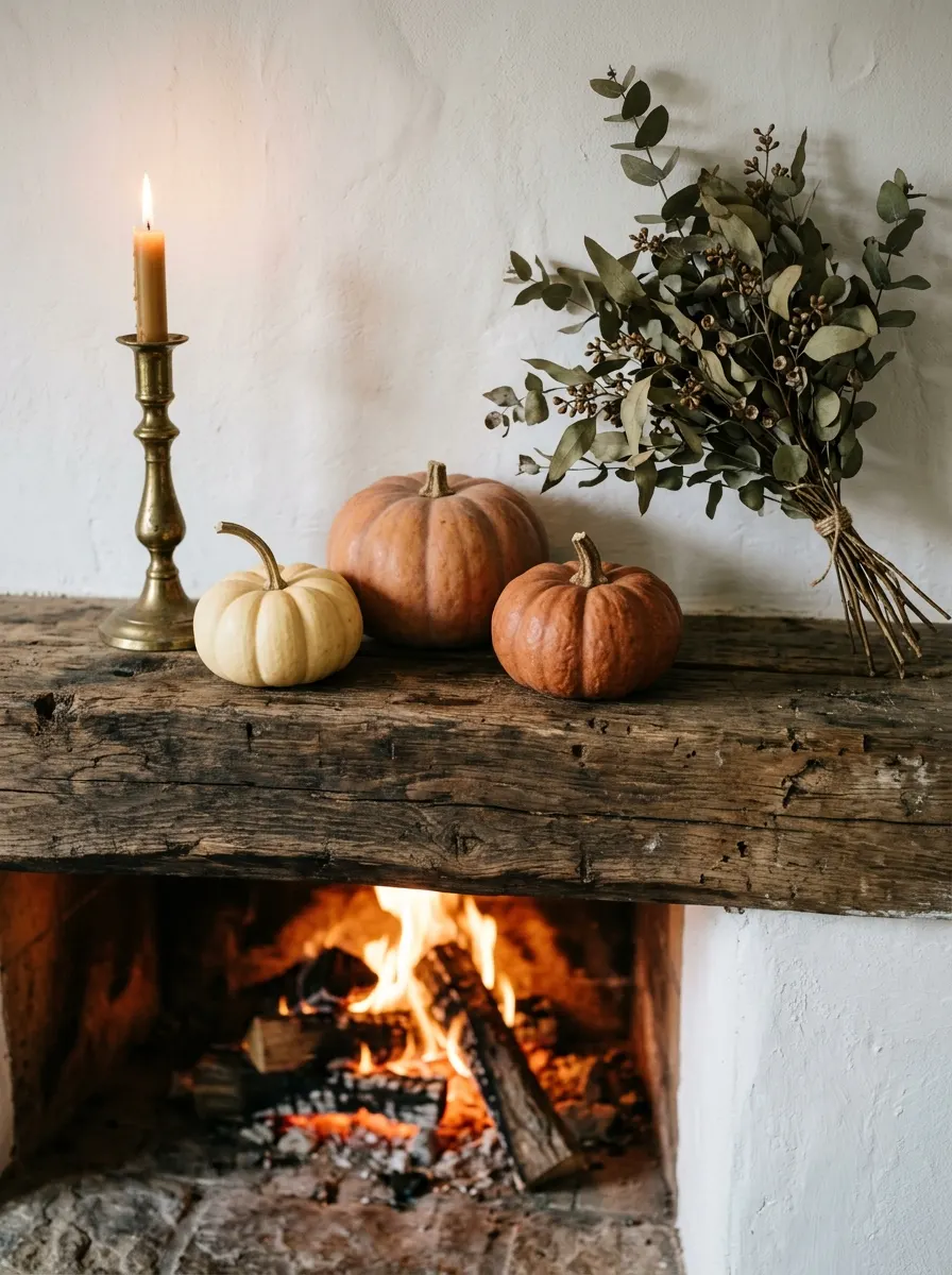 Why Fall Décor Hits Different: 17 Principles You Never Knew You Needed 3 Rustic mantel styled with three pumpkins and dried botanicals using odd number grouping principles in fall décor