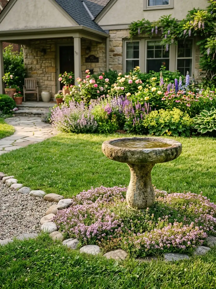 Off-center birdbath focal point surrounded by creeping thyme in a balanced front yard landscape layout