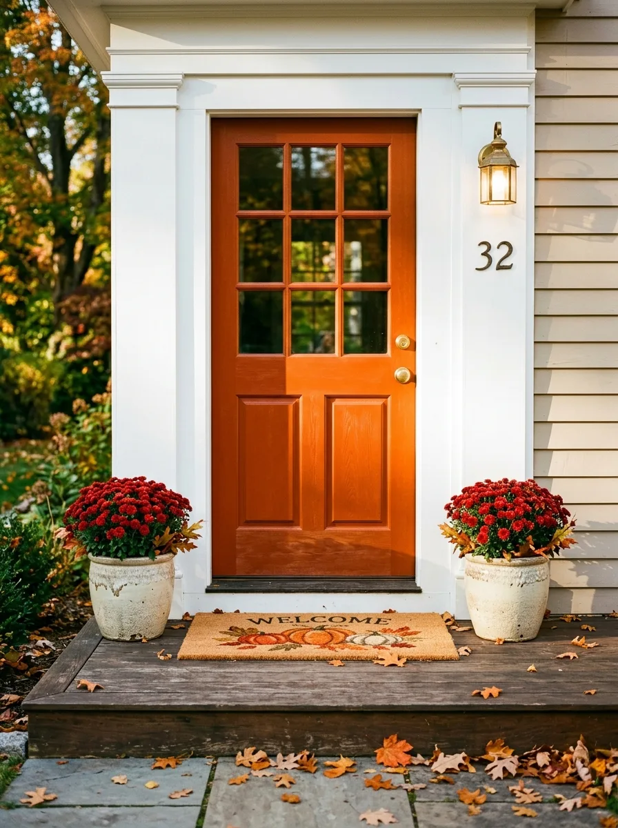 Why Fall Décor Hits Different: 17 Principles You Never Knew You Needed 6 Bold orange front door with fall décor doormat and red mums following the one statement piece design principle for autumn entryways
