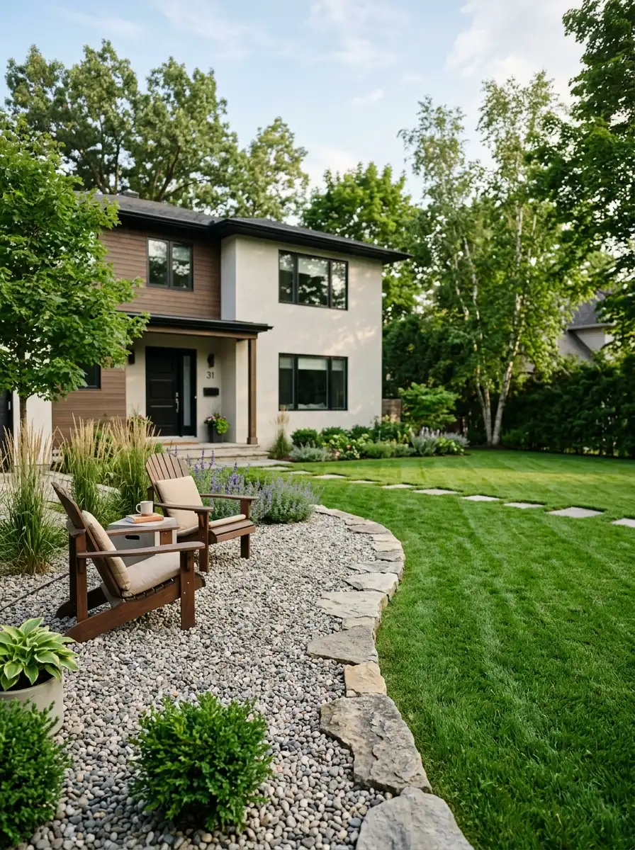 Front yard split with one-third gravel hardscape and two-thirds green lawn showing golden ratio landscape layout balance