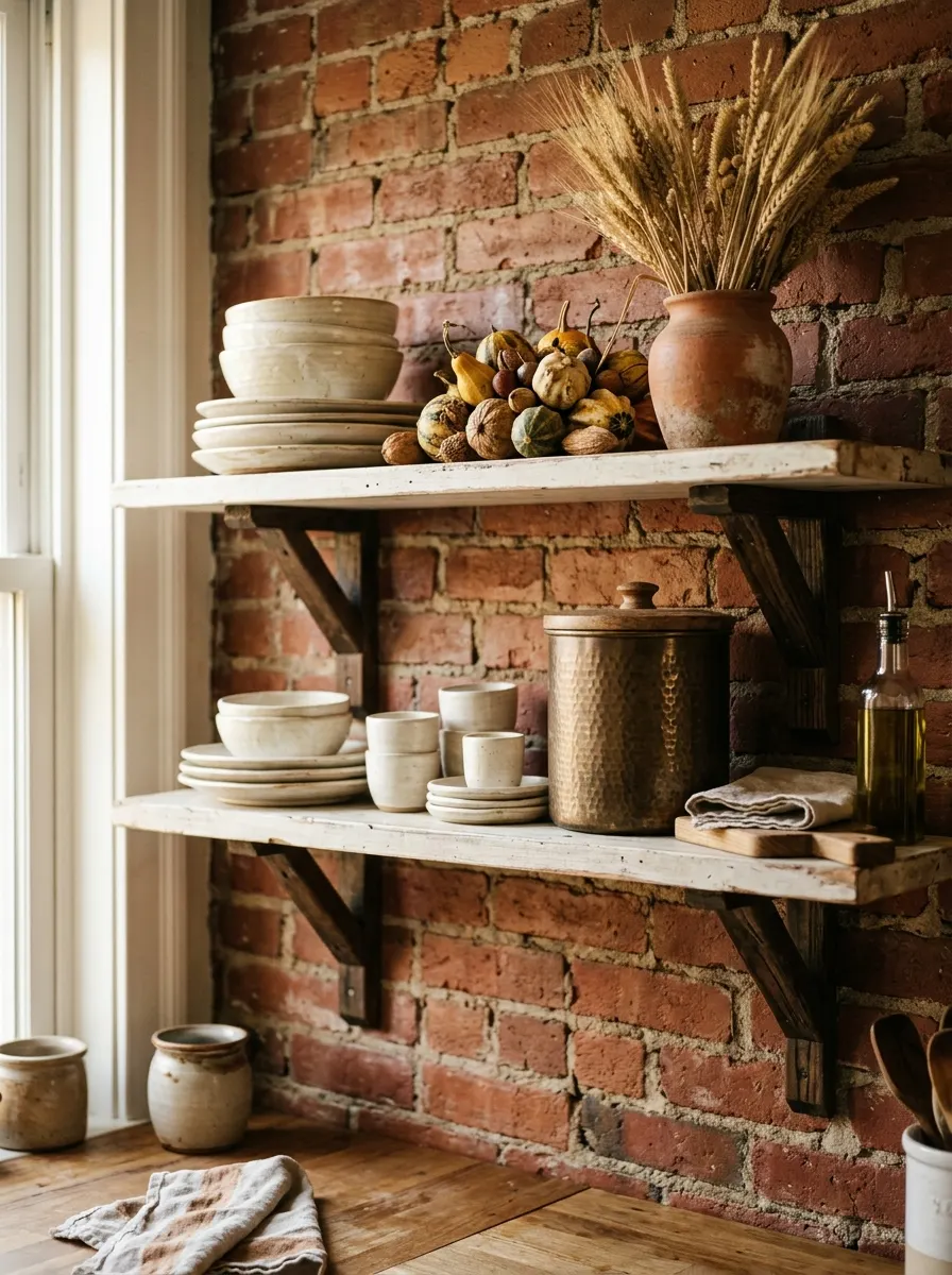White kitchen open shelves decorated with dried wheat, small gourds, cream ceramics, and a bronze canister for autumn kitchen decor