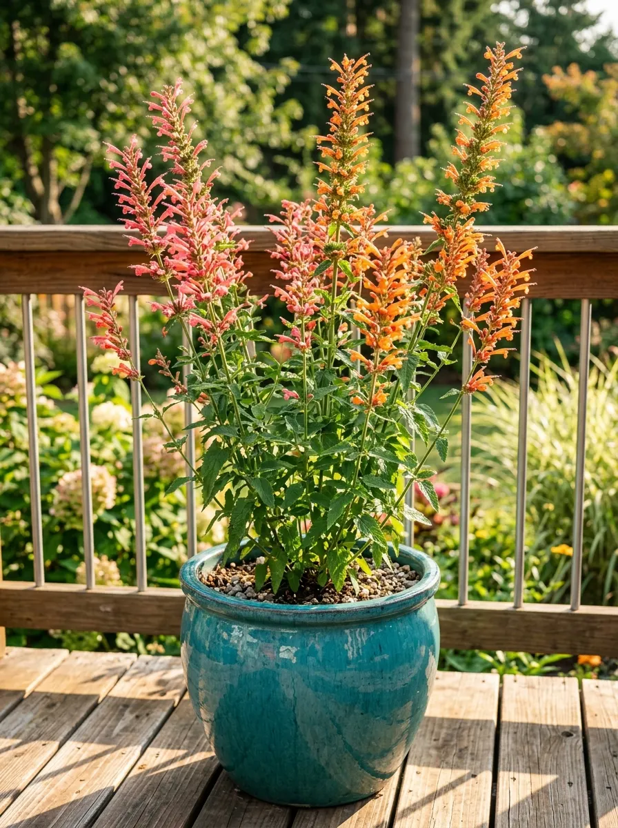17 Full Sun Perennials for Low-Maintenance Container Gardens That Thrive With Minimal Care 11 Tall coral and orange agastache flower spikes growing in a large glazed teal ceramic pot on a sun-drenched wood-slatted deck