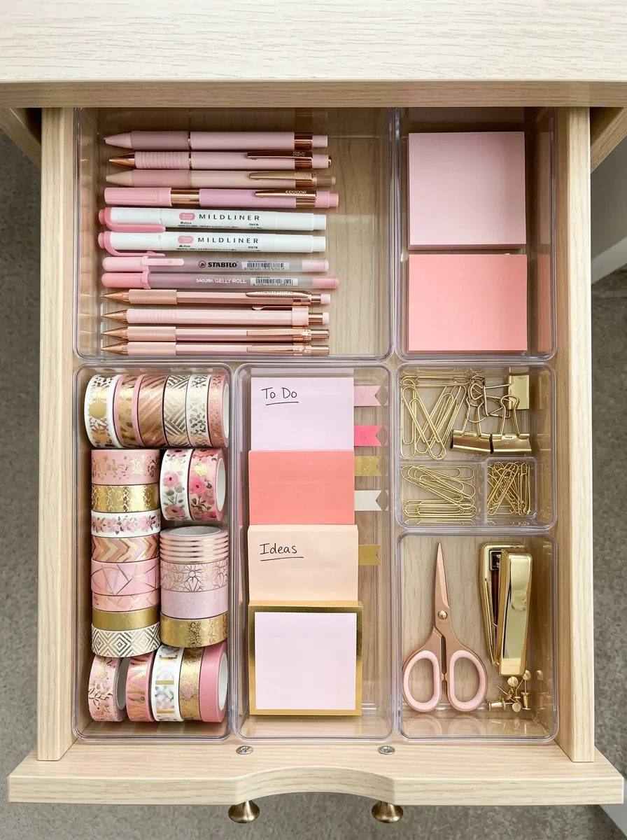 17 Small Dorm Desk Setups That Actually Feel Like a Real Dream Room 8 An open dorm desk drawer organized with clear plastic dividers, pastel pens, washi tape, and gold stationery accessories