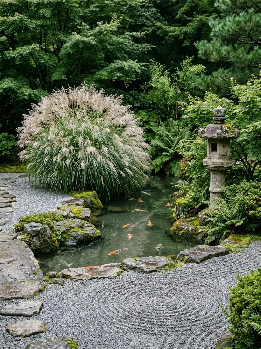 23 Stunning Ways Ornamental Grasses Can Transform Your Landscape With Texture, Movement, Privacy, and Year-Round Style 6 Large fluffy ornamental grass beside a smooth koi pond with mossy rocks and a stone lantern in a serene Japanese garden