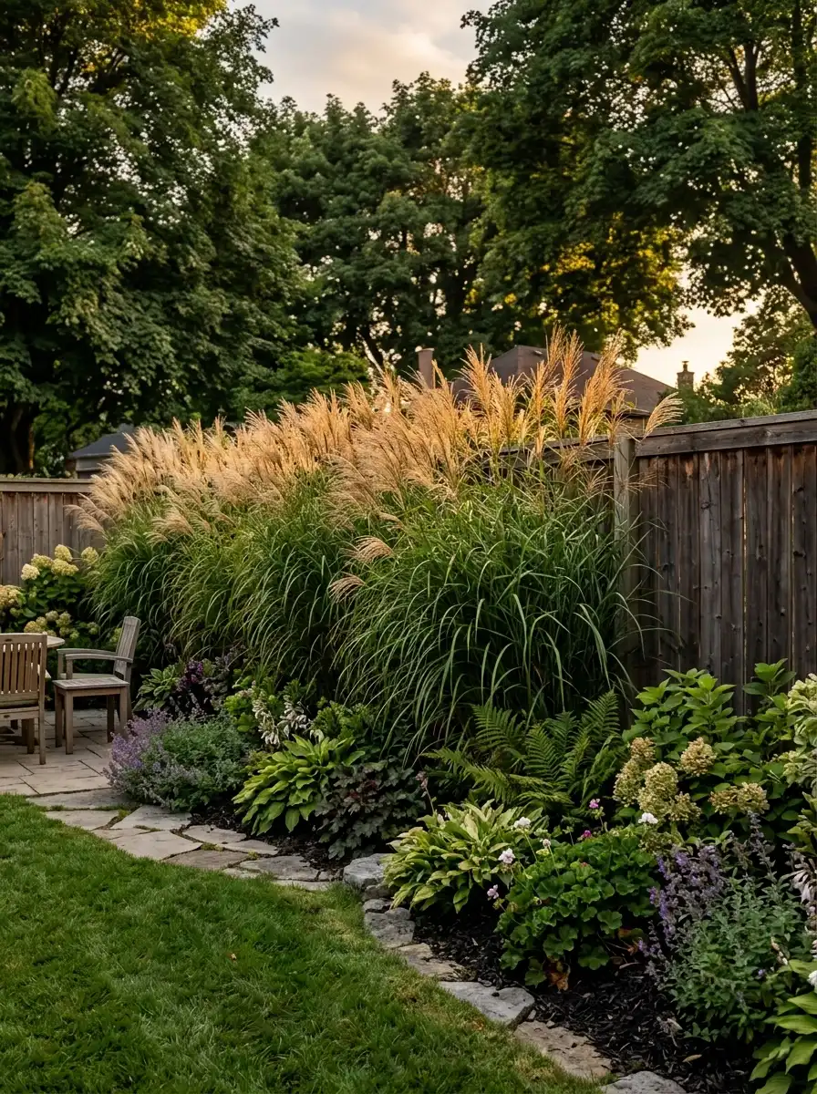 23 Stunning Ways Ornamental Grasses Can Transform Your Landscape With Texture, Movement, Privacy, and Year-Round Style 2 Dense row of tall ornamental grasses along a wooden backyard fence creating a natural privacy screen in warm afternoon light