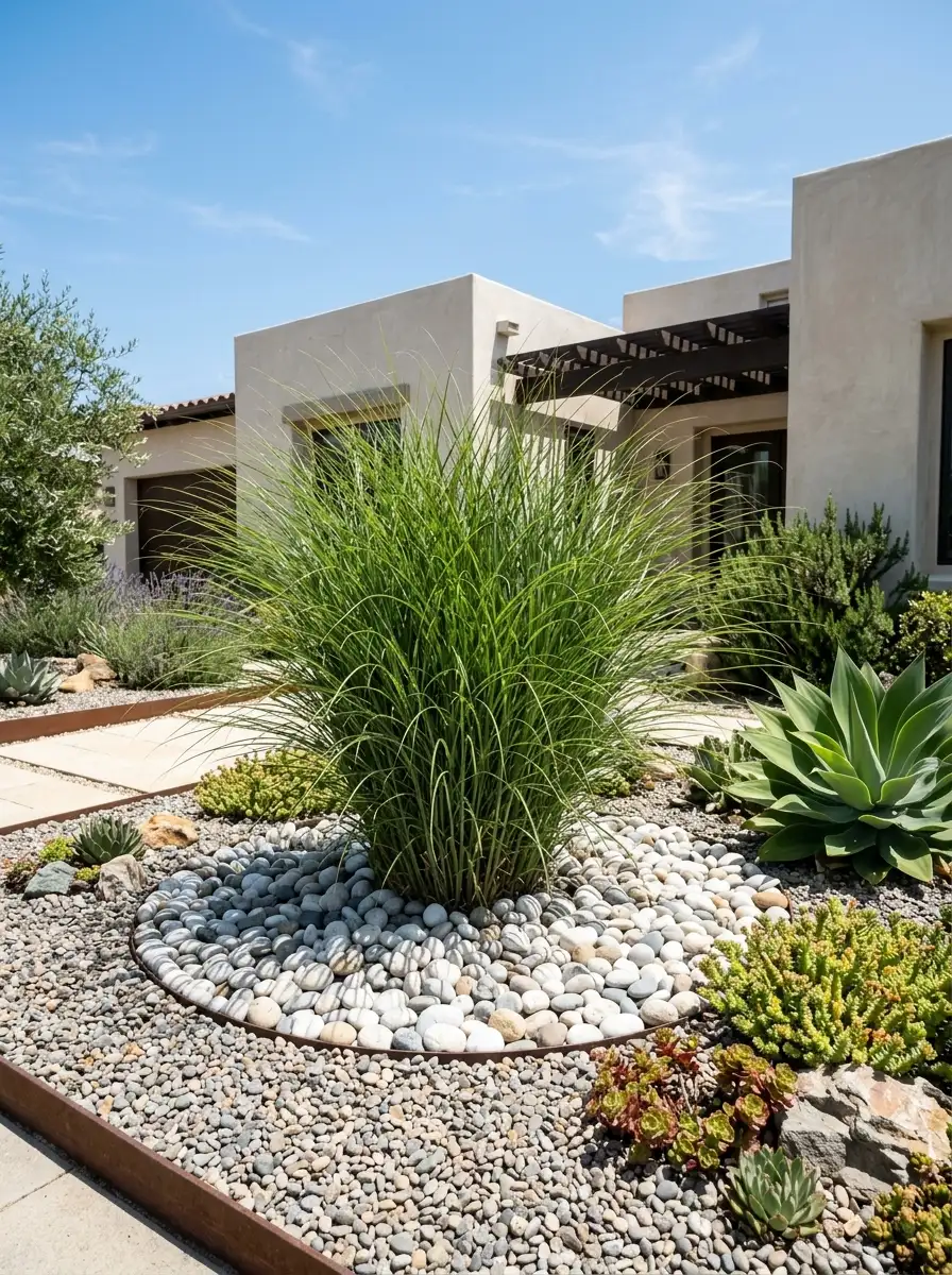 23 Stunning Ways Ornamental Grasses Can Transform Your Landscape With Texture, Movement, Privacy, and Year-Round Style 15 Large ornamental grass specimen planted centrally in a gravel garden with white pebbles, sedums, and agave in bright midday light