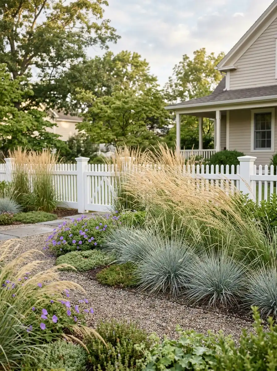 Sweeping drifts of Karl Foerster and blue oat grass in an elegant grass-free landscaping front yard design