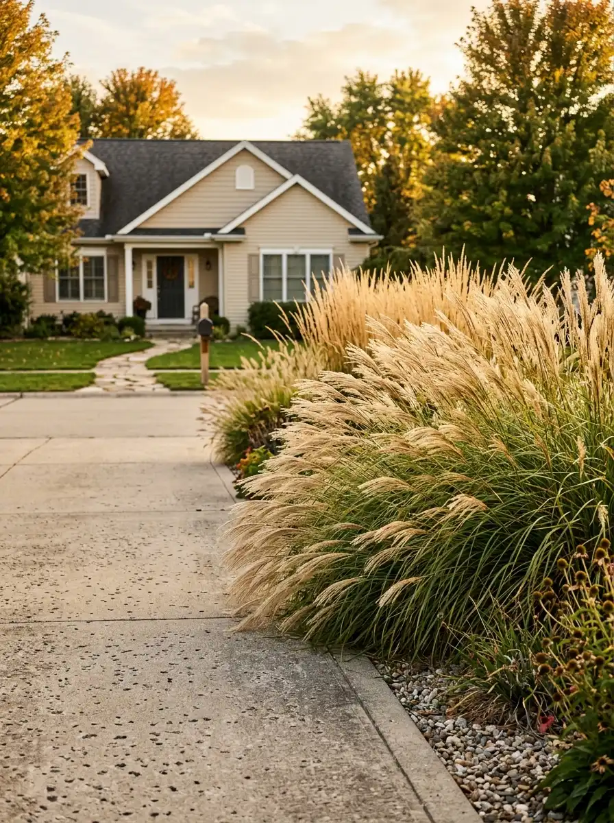 23 Stunning Ways Ornamental Grasses Can Transform Your Landscape With Texture, Movement, Privacy, and Year-Round Style 17 Sweeping masses of ornamental grasses in gold and green arching over a concrete driveway edge in warm late afternoon sunlight