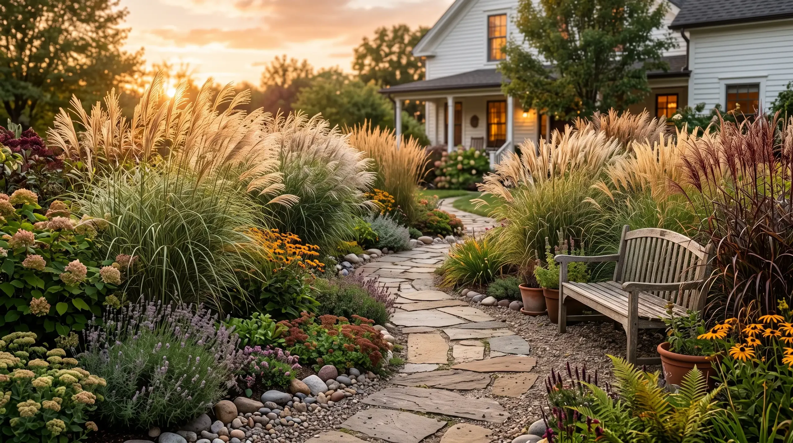 23 Stunning Ways Ornamental Grasses Can Transform Your Landscape With Texture, Movement, Privacy, and Year-Round Style 4 Sweeping clusters of ornamental grasses in gold and burgundy along a curved stone pathway in a lush backyard garden
