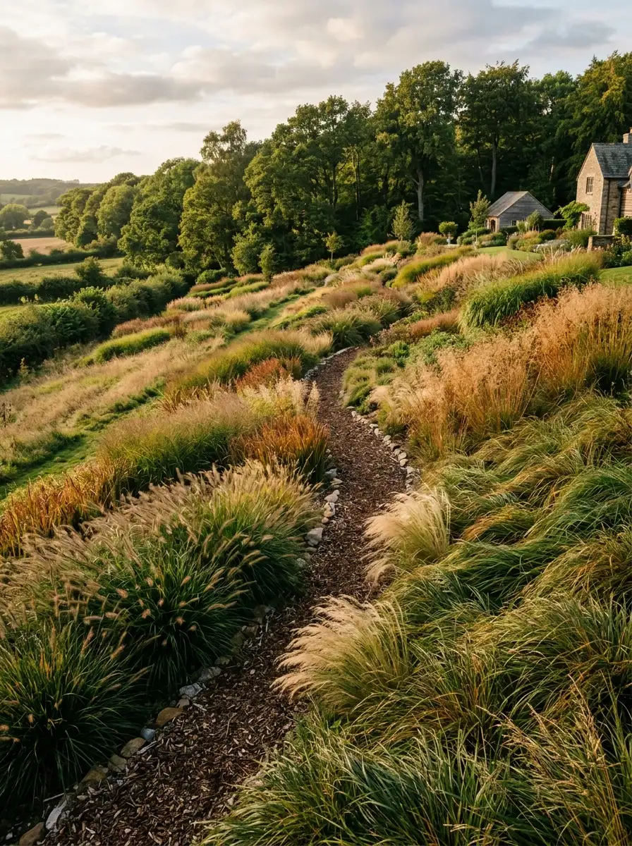 23 Stunning Ways Ornamental Grasses Can Transform Your Landscape With Texture, Movement, Privacy, and Year-Round Style 3 Sweeping masses of ornamental grasses in green and gold flowing down a residential hillside slope with a narrow mulch path