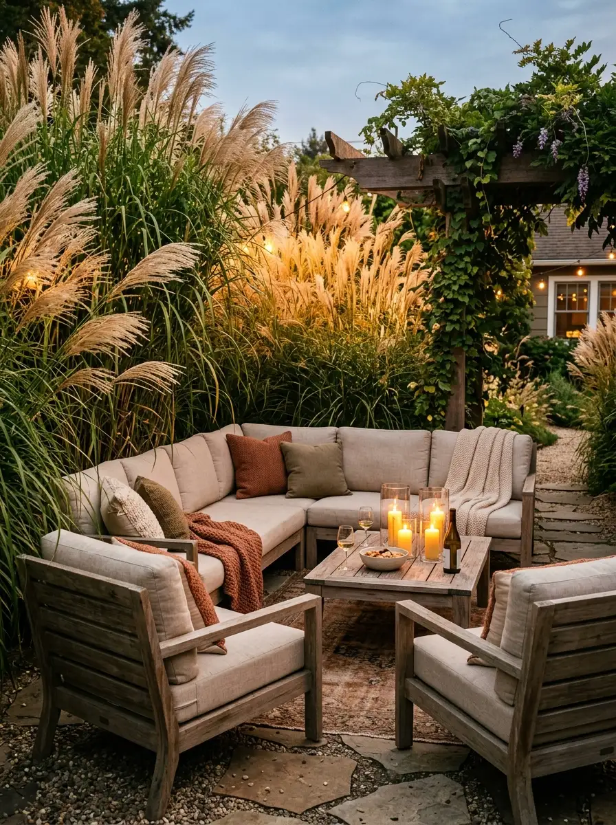 23 Stunning Ways Ornamental Grasses Can Transform Your Landscape With Texture, Movement, Privacy, and Year-Round Style 16 Tall ornamental grasses enclosing two sides of an outdoor seating area with linen chairs and warm evening candlelight creating an intimate garden room