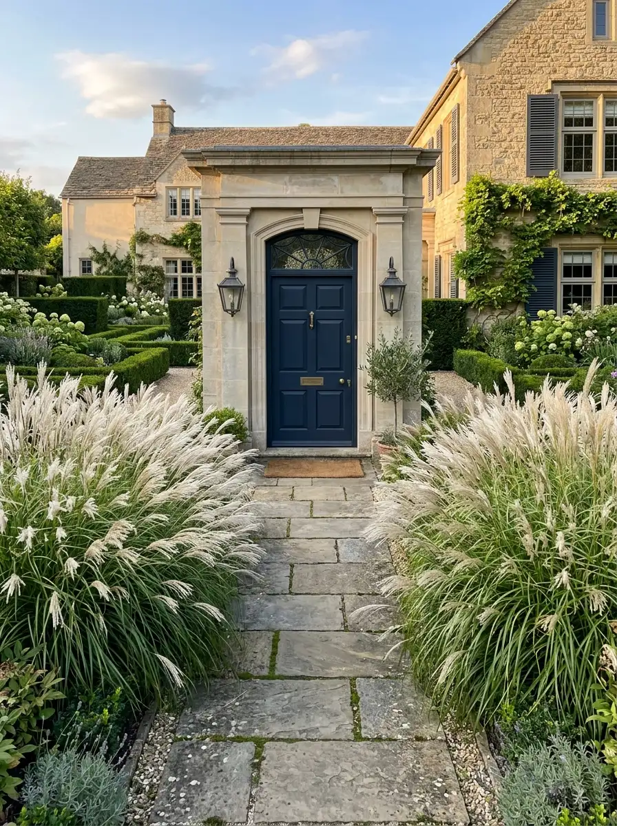 23 Stunning Ways Ornamental Grasses Can Transform Your Landscape With Texture, Movement, Privacy, and Year-Round Style 1 Tall ornamental grasses with silver plumes flanking a stone pathway leading to a navy front door in a formal garden
